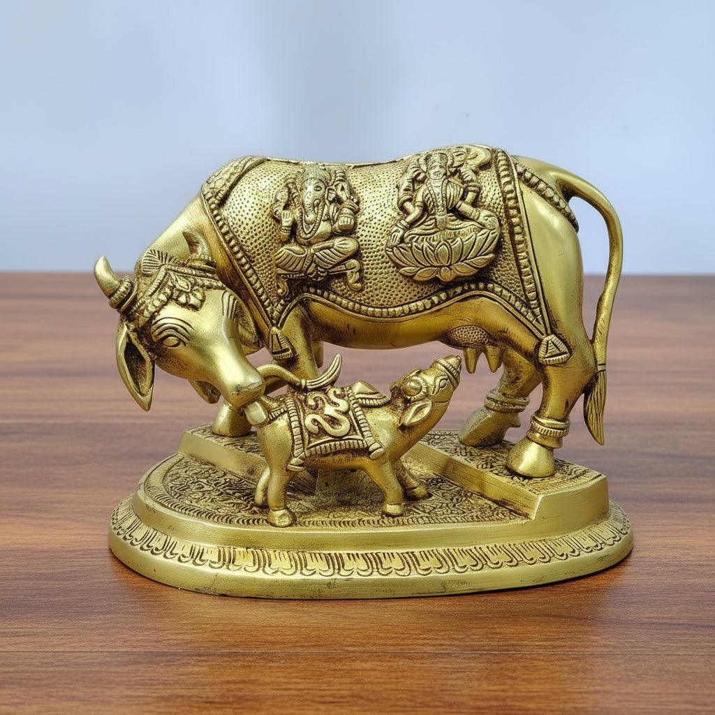 brass kamdhenu cow /cow and calf idol for home décor/ temple/gift item